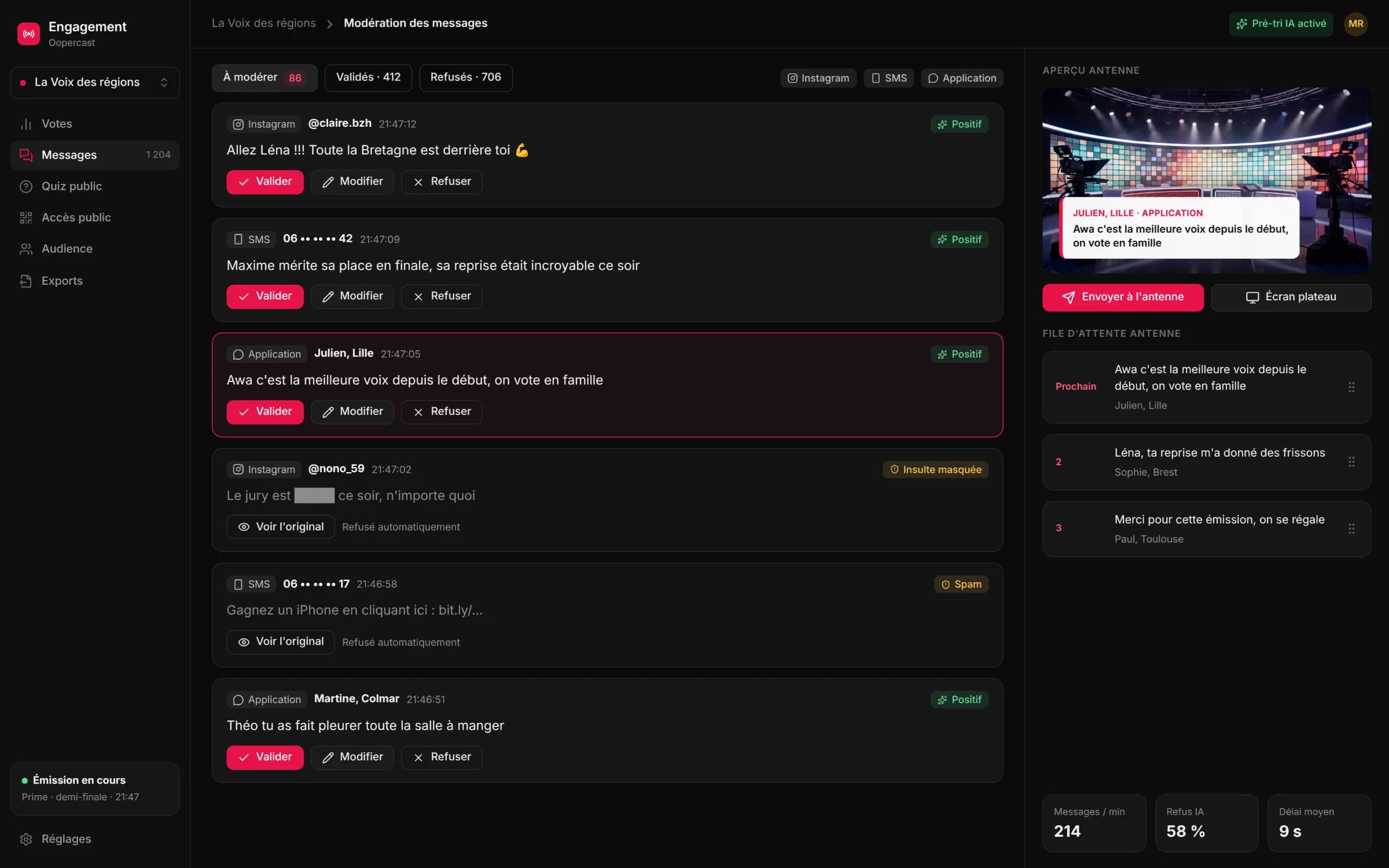 Modération des messages du public avec pré-tri par IA et file d'attente antenne