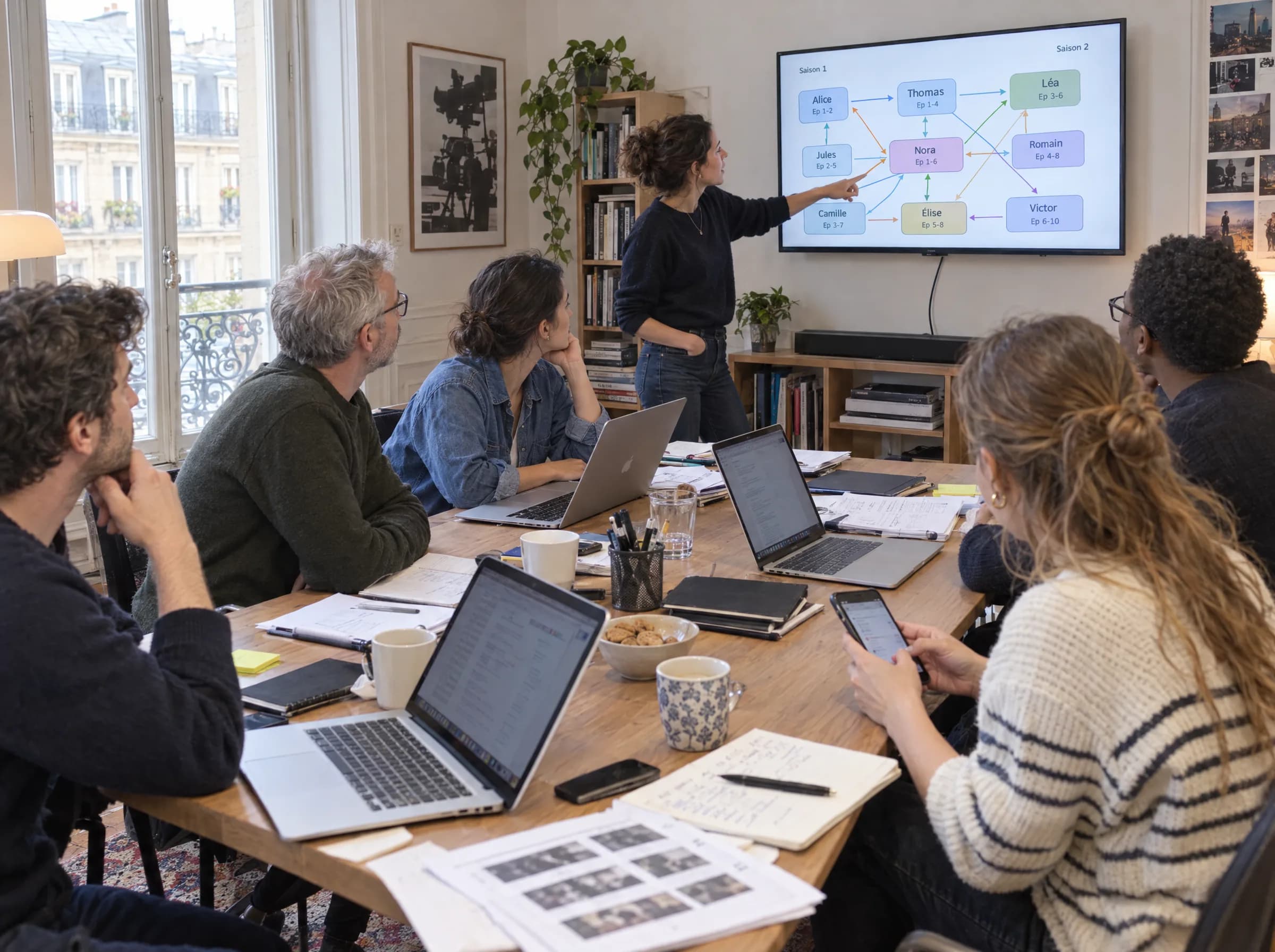 Équipe de production devant le graphe de connaissance d'une émission